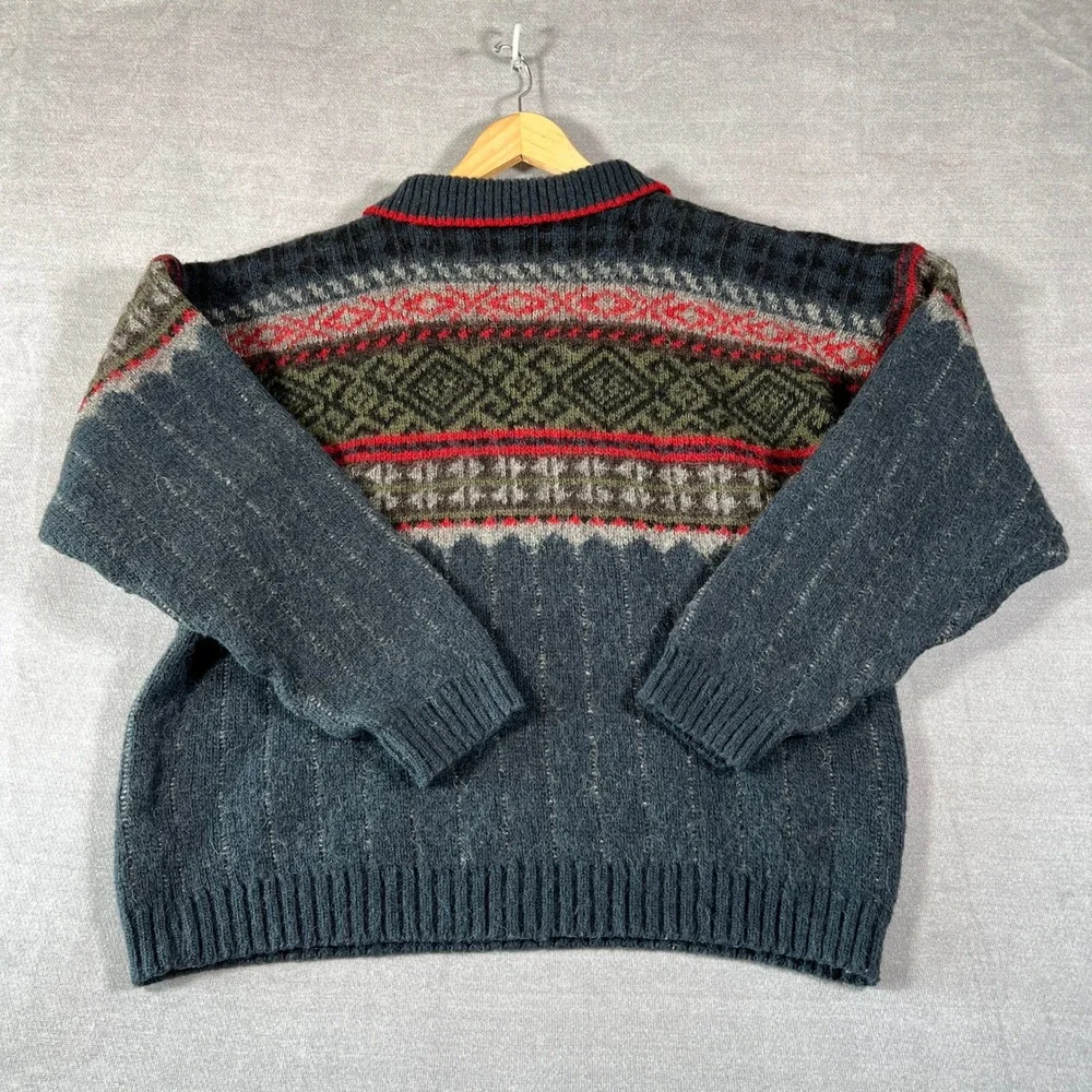 Icewear Nordic Fair Isle Quarter Zip Wool Sweater Mens Large Blue Gray Red